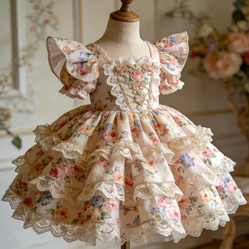 Kids Girls Floral Print Lace Patchwork Summer Princess Dress