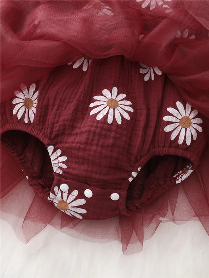 Baby Girl Flowers Print Tulle Bodysuit with Headband