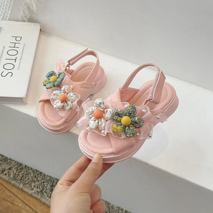 Open Toe Flower Lace Anti Slip Girls Sandals
