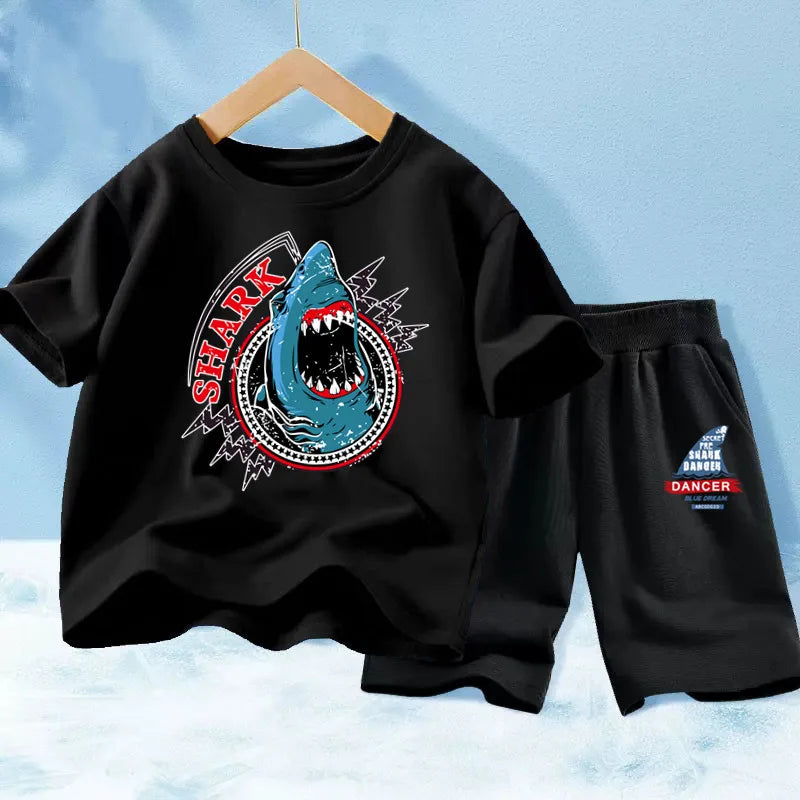 Kids Boy Funny Shark Print T-Shirts and Half Pants Set childrensterritory