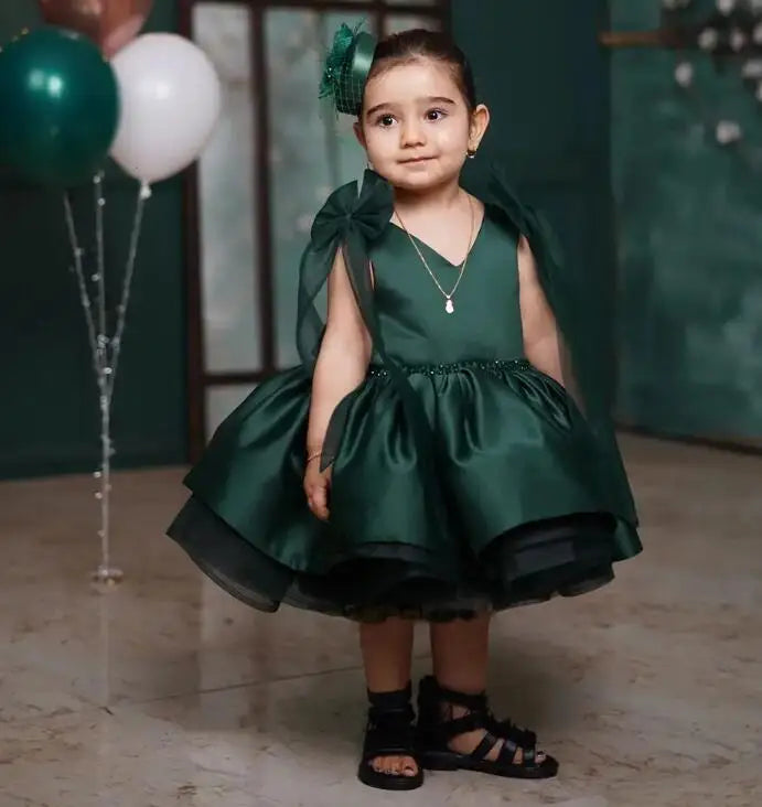 V Neck Flower Girl Tiered Birthday Party Dress with Bow