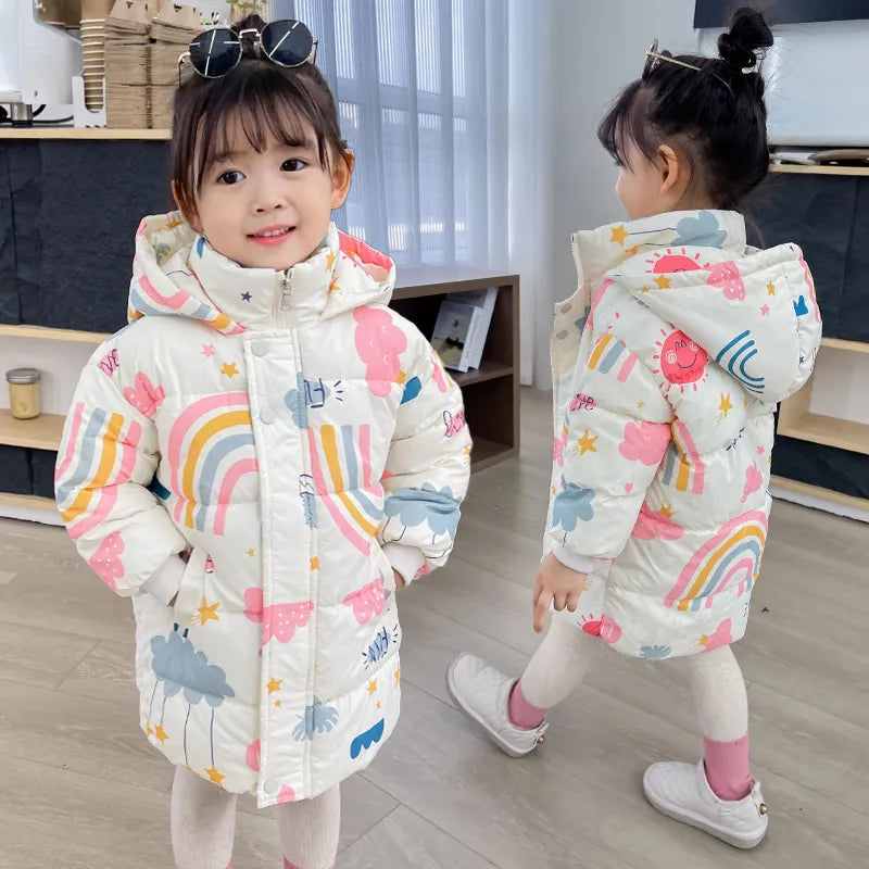 Kids Girls Boys Rainbow Print Down Hooded Jacket childrensterritory