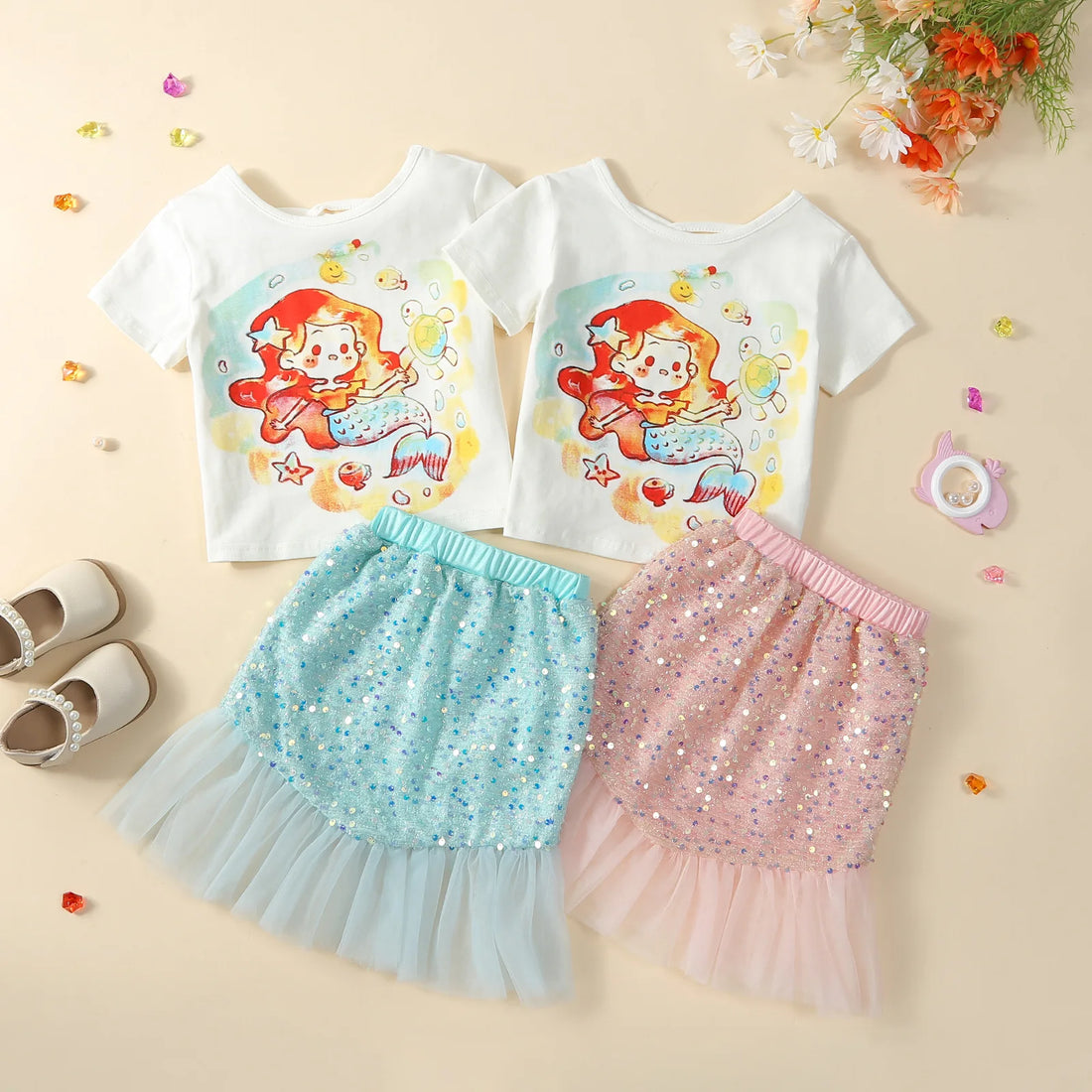 Baby/Kids Girls Cartoon Mermaid Top and Sequined Fishtail Skirt Set childrensterritory