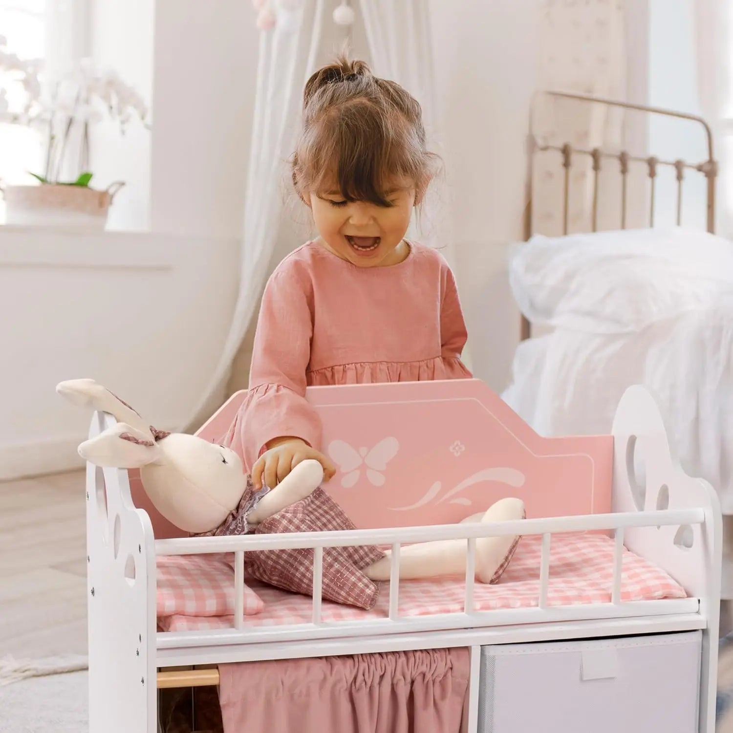Kids Girls Wooden Pink Doll Bed with Storage and Hooks childrensterritory