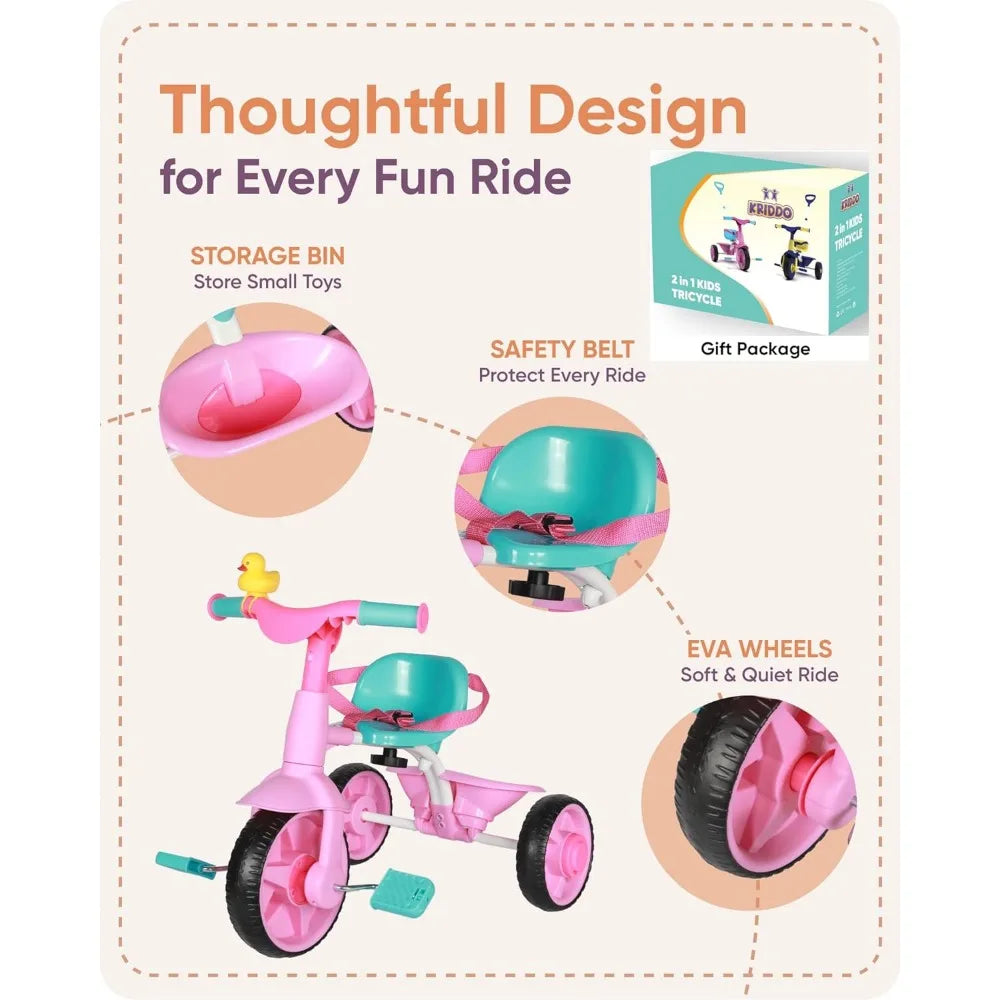 2 in 1 Kids Tricycles with Push Handle and Duck Bell childrensterritory