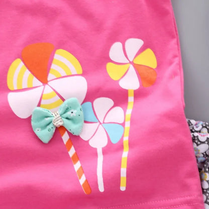 2PCS Baby Girl Summer Outfit: Floral Shorts + Windmill Printed Top childrensterritory