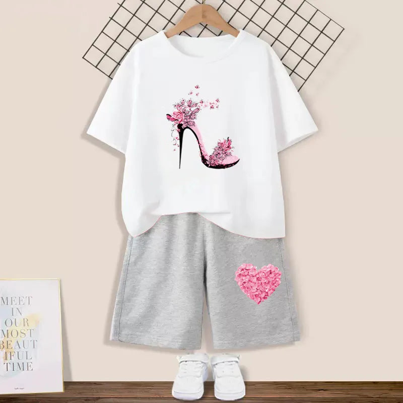 Kids Girls Butterfly High Heel T-shirt +Shorts 2 Piece Tracksuits childrensterritory