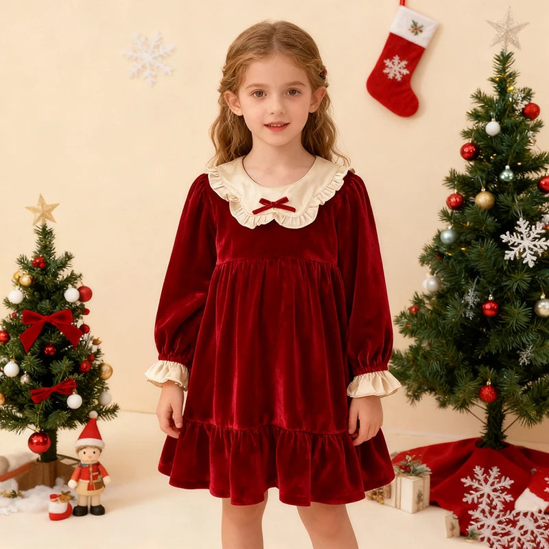 Girls' Long-Sleeved Lace Design Christmas Dresses
