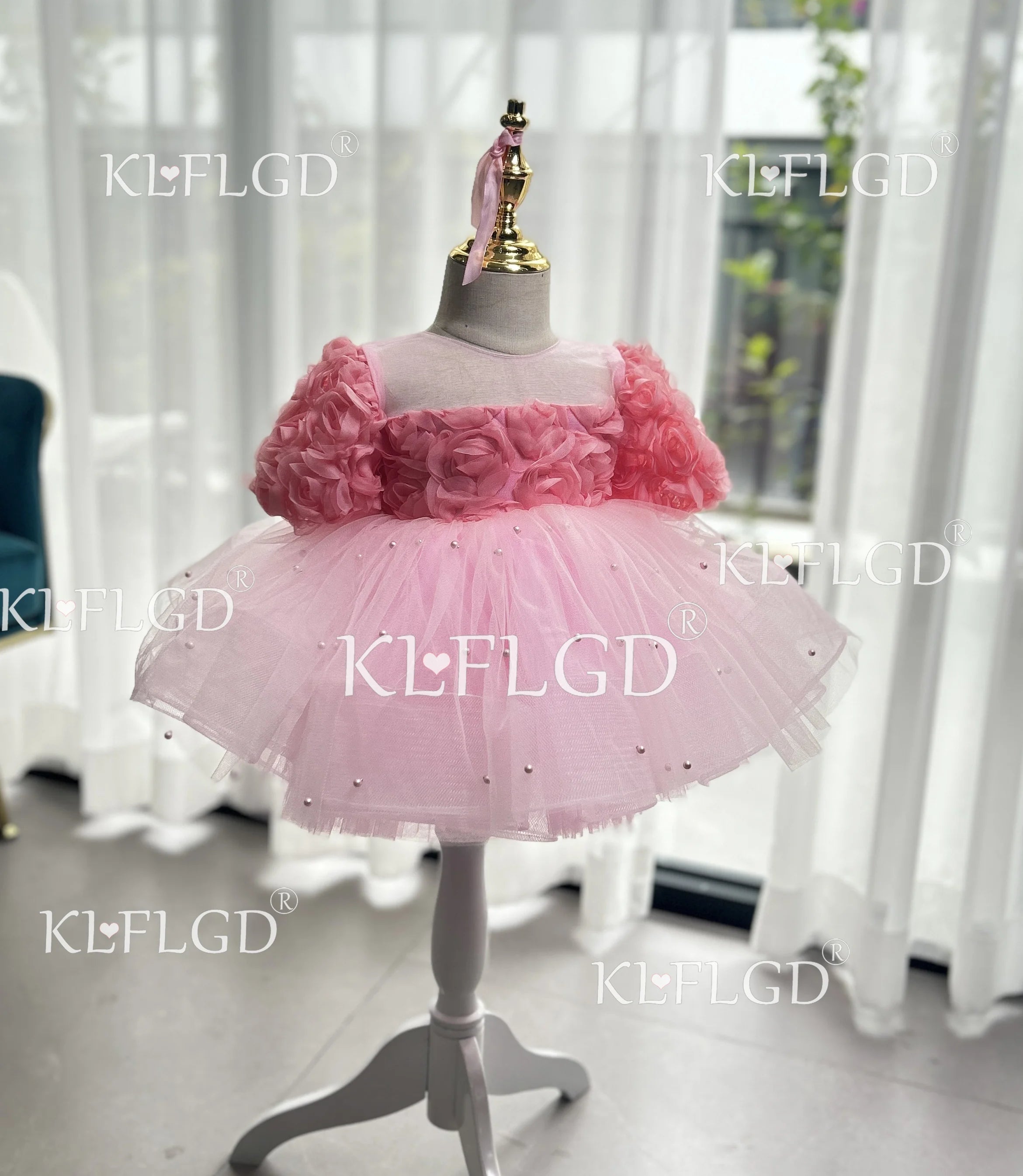 Girls Rose Design Fluffy Birthday Party Dresses