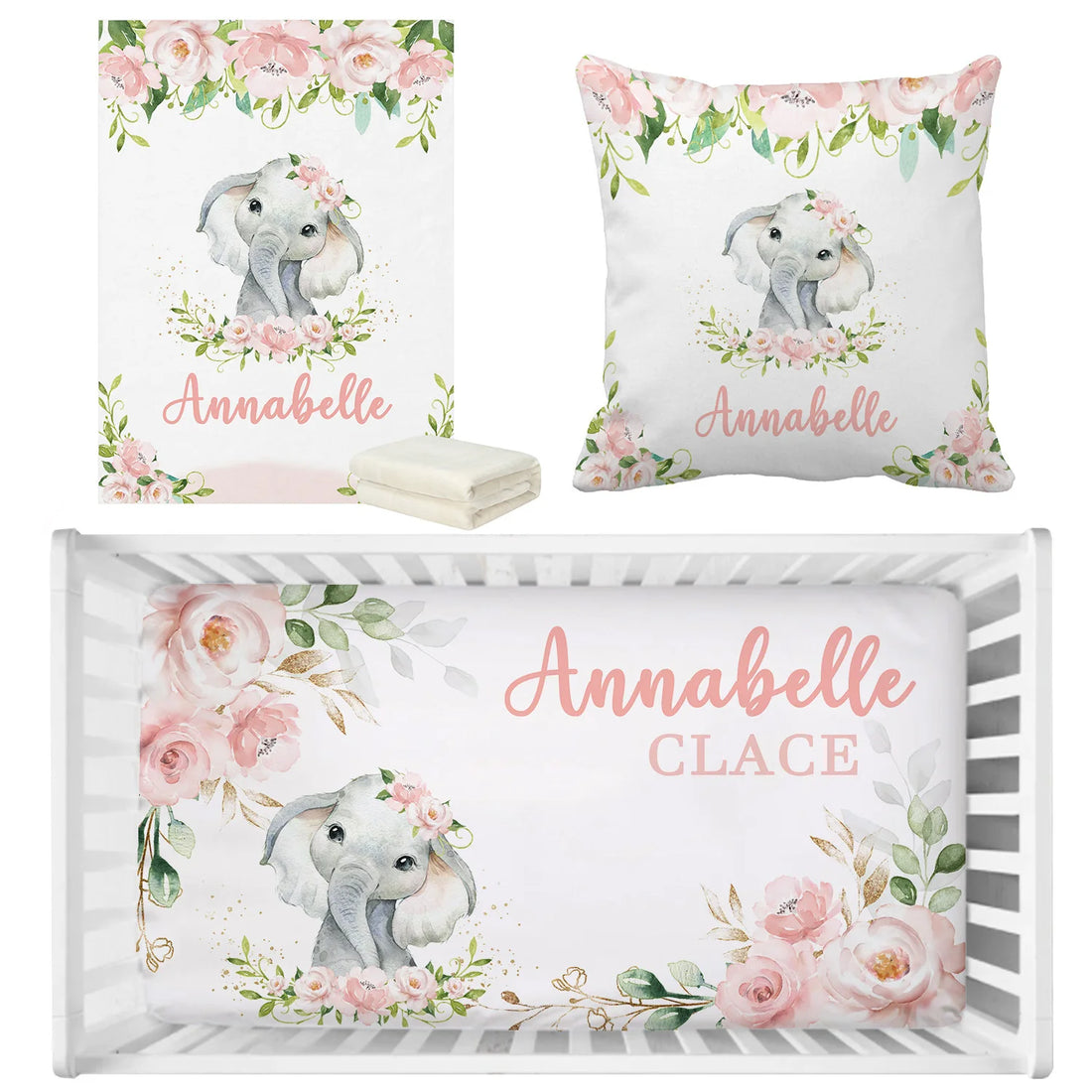 Custom Name with Flower Elephant Print Baby Bedding Set