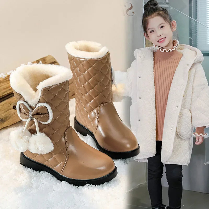 Kids Girls Warm Fur Plush Princess Snow Boots