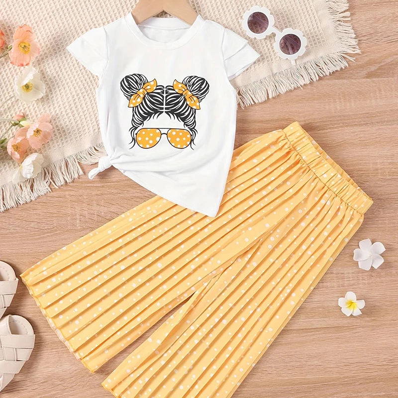 Little Girls Printed Top with Wide Leg Pants Two Piece Clothing Sets childrensterritory