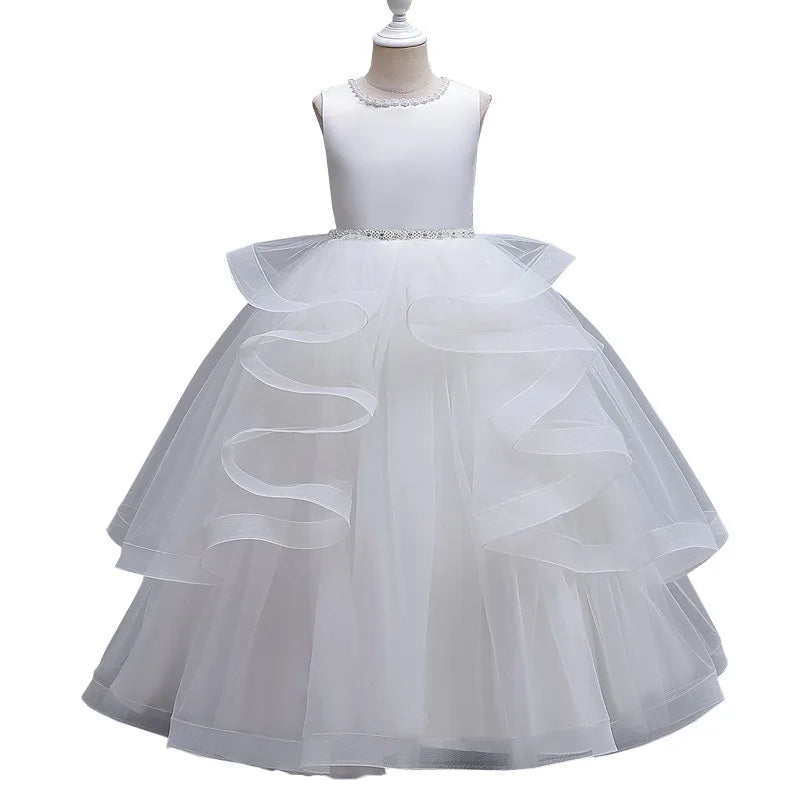 Girls' Solid Color Long Puff Evening Party Dresses