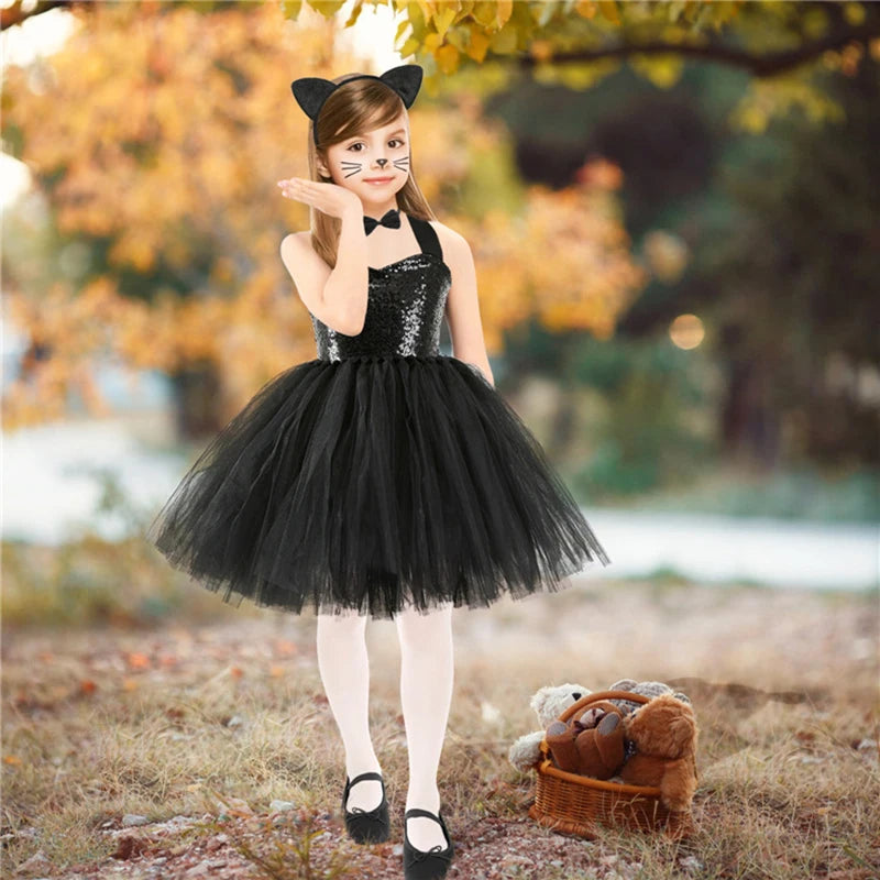 Kids Girls Little Cat Look Tutu Skirt Dresses for School Performance