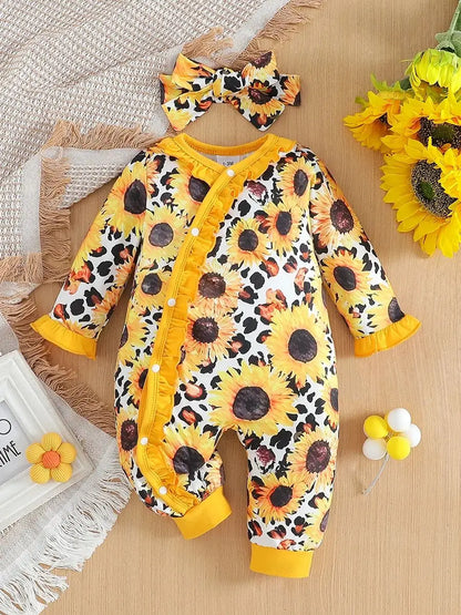Newborn Girl Floral Print Romper with Headband