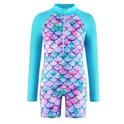 Unicorn and Floral Print Little Girls Zipper Swimsuits