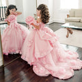 Tulle Floral Appliques Pageant Dress for Girls with Trailing