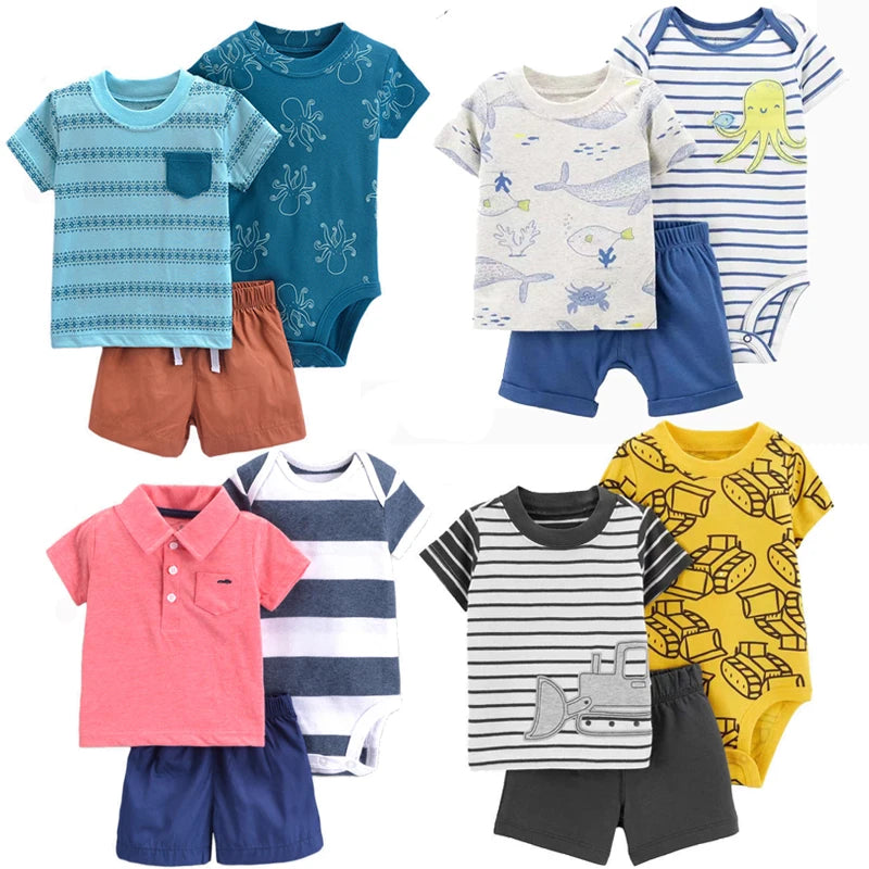 Baby Boys Cotton 3-Piece Short Bodysuit Set for Summer