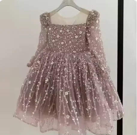 A-Line Glitter Sequined Little Girls Princess Party Dress