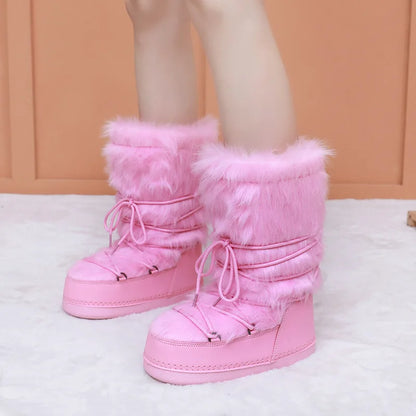 Fluffy Faux Fur Middle Calf Platform Snow Boots for Women