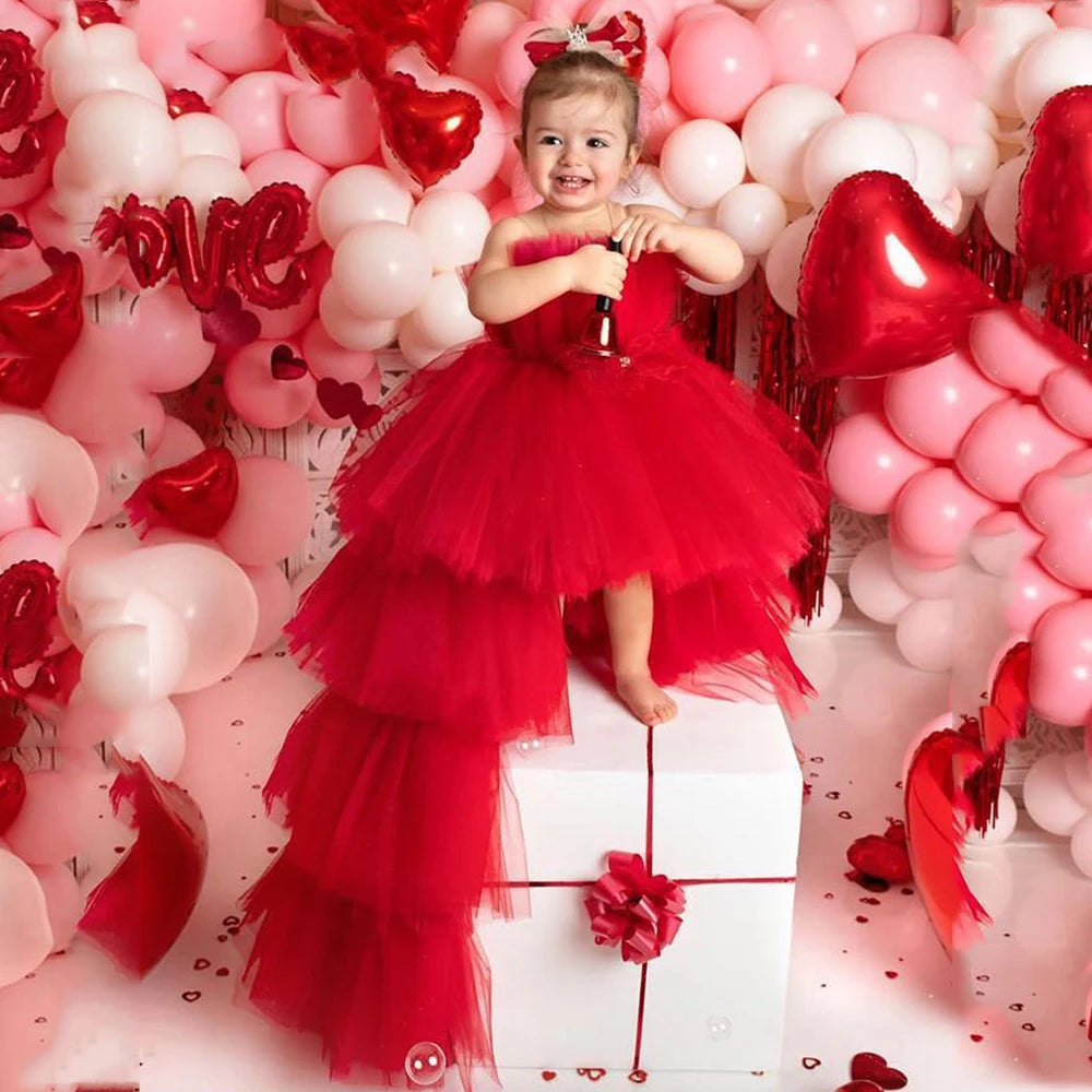 Little Girls Puffy Tulle First Communion Dresses with Trailing childrensterritory