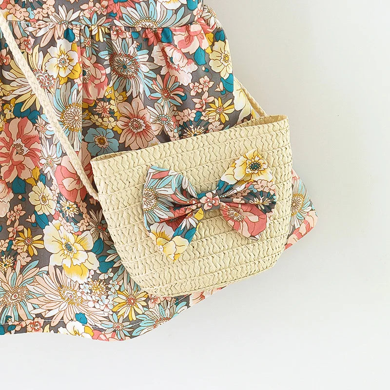 Baby Girls' Fashionable Floral Cotton Dress with Crossbody Bag