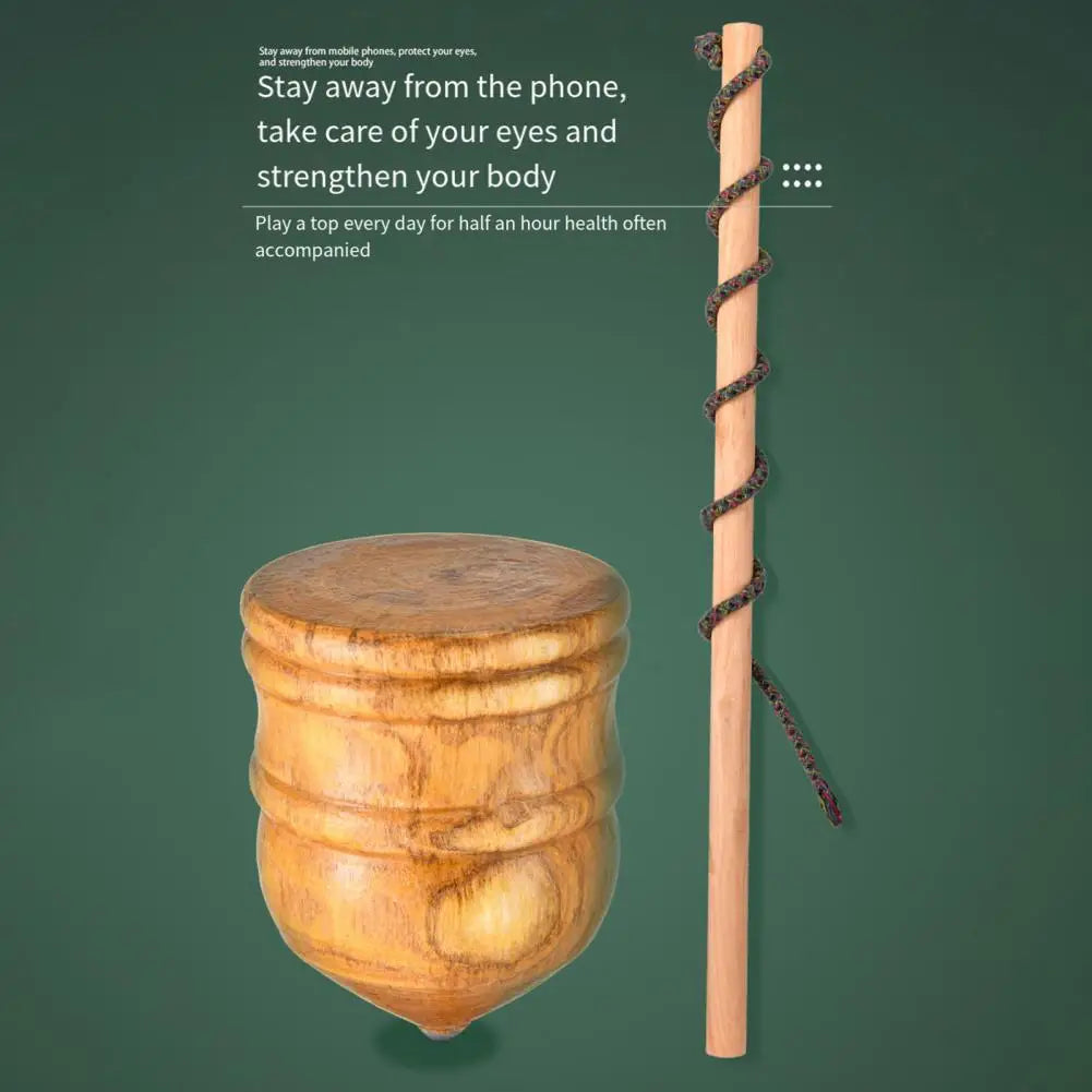 Indoor/Outdoor Wooden Spinning Top with Whip Rope Toy for Kids