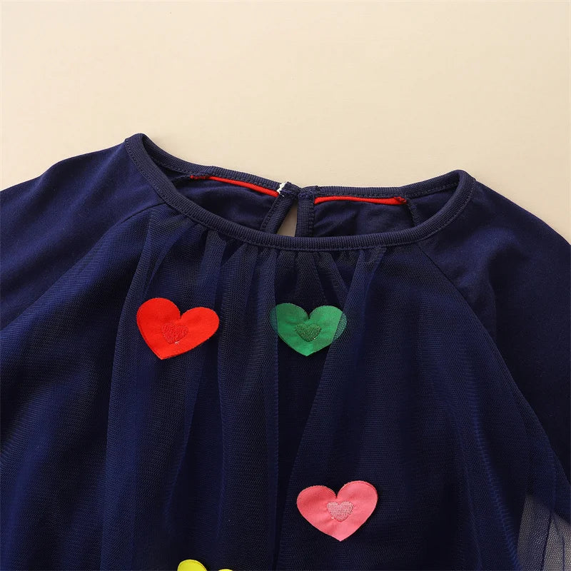 Kids Girls Hearts Applique Long Sleeves Party Dresses childrensterritory