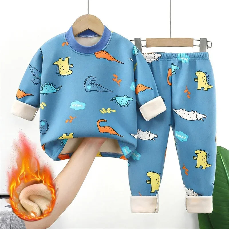 Baby/Kids Thick Warm Cartoon Print Pajamas Set