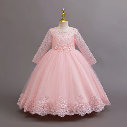 Long Sleeve Flower Design Elegant Dress For Girls childrensterritory