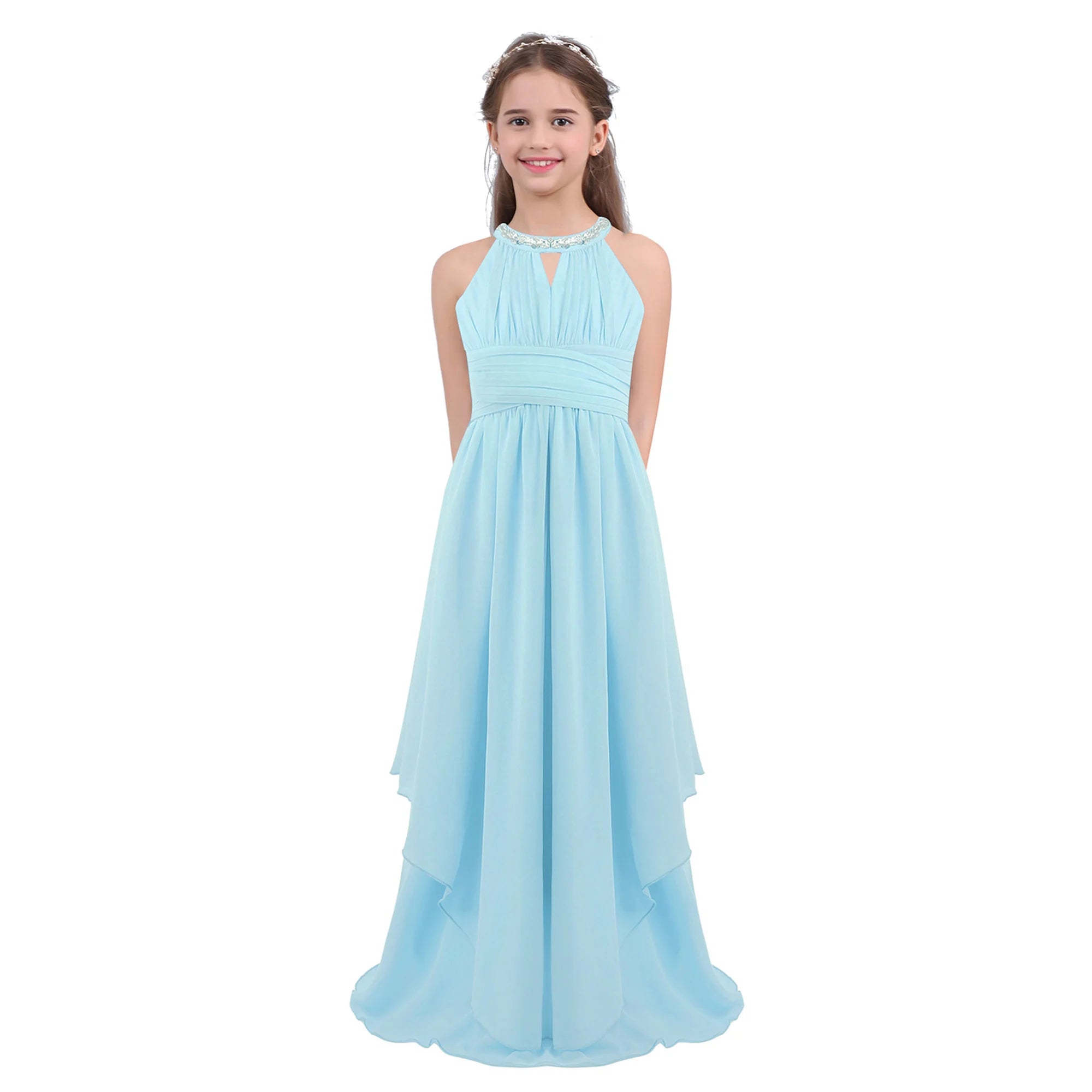 Kids Girls Halter Lace Design Chiffon Long Prom Ball Gowns