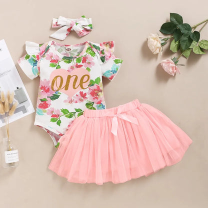 3Pcs Floral Print Romper &amp; Skirt Clothes Set for Baby Girl