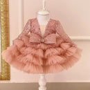 Sequined Tiered Tulle Wedding Dress with Bow for Kids Girls