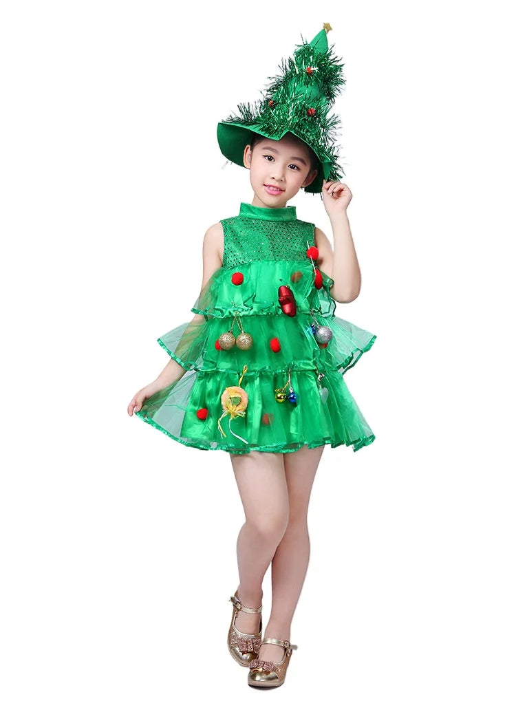 Kids Girls Xmas Cosplay Green Party Dress