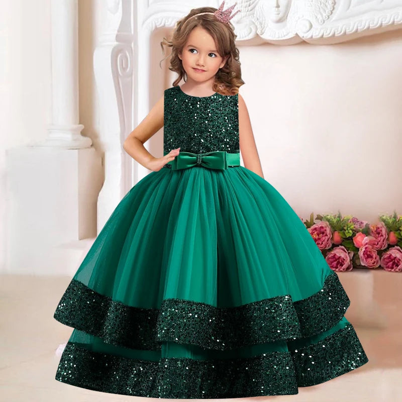 Sequins Bowknot Design Long Princess Dresses for Girls childrensterritory