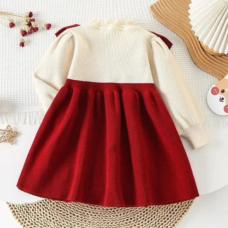Girls’ Elegant Bow Design Long-Sleeve Warm Dresses