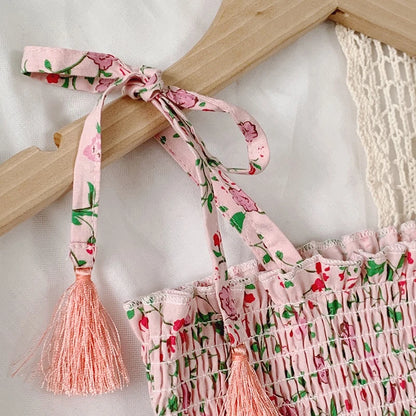 Floral Print Rustic Style Little Girl Sling Tops and Shorts Set childrensterritory