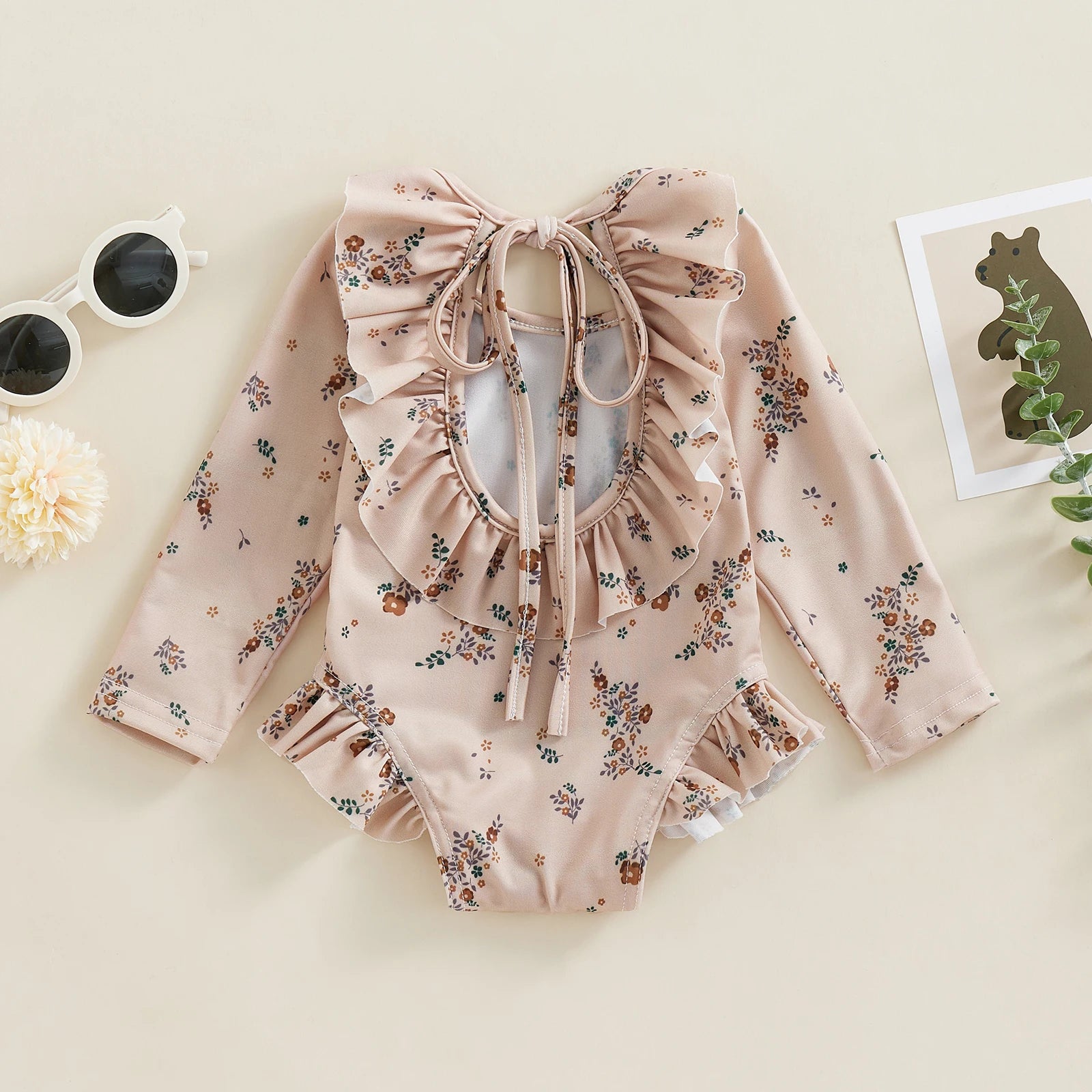Floral Print Baby Girl Backless Long Sleeve Swimwear childrensterritory