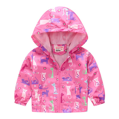 Kids Girls Colorful Cartoon Prints Windproof Hooded Jackets childrensterritory