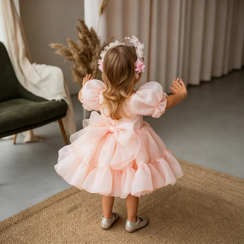 Tutu Flower Girl Dress with Big Bow for Birthday Party