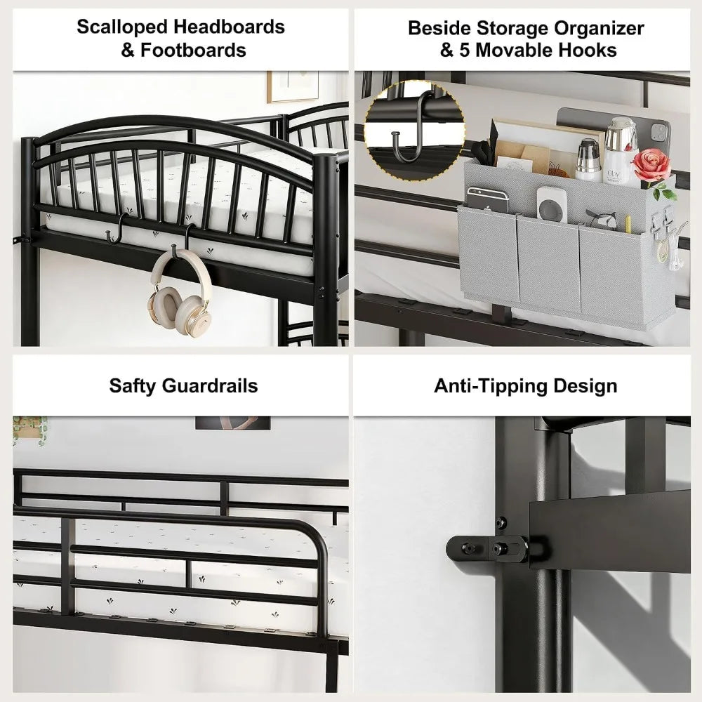 Convertible Metal Bunk Bed Frame with Removable Ladder &amp; Guard Rail