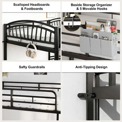 Convertible Metal Bunk Bed Frame with Removable Ladder &amp; Guard Rail