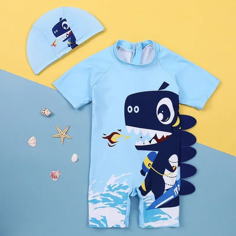 Cartoon Dinosaur Toddler Boy Rash Guard Swimwear with Cap