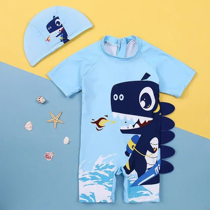 Cartoon Dinosaur Toddler Boy Rash Guard Swimwear with Cap