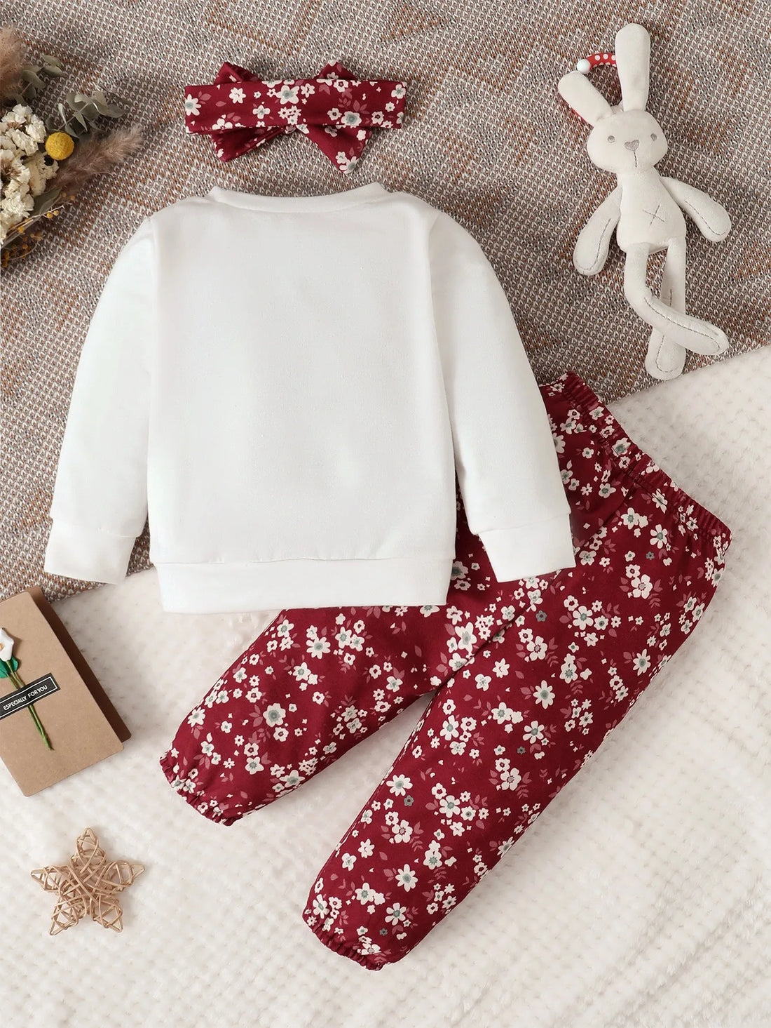Baby Girl Rabbit Print Pullover &amp; Floral Print Pants &amp; Headband Set childrensterritory