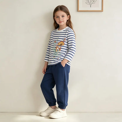 Round Neck Long Sleeves Cartoon Print Cotton Tops For Girls