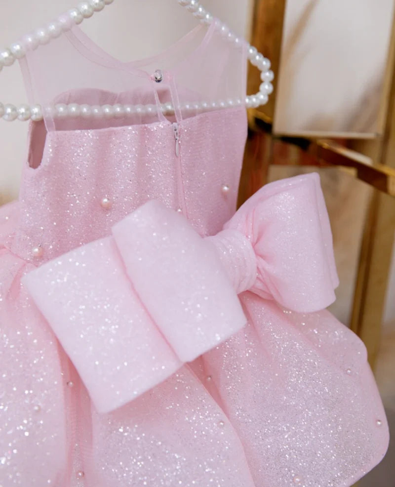 Baby/Kid Girls Light Pink Sparkly First Birthday Dress With Pearls childrensterritory