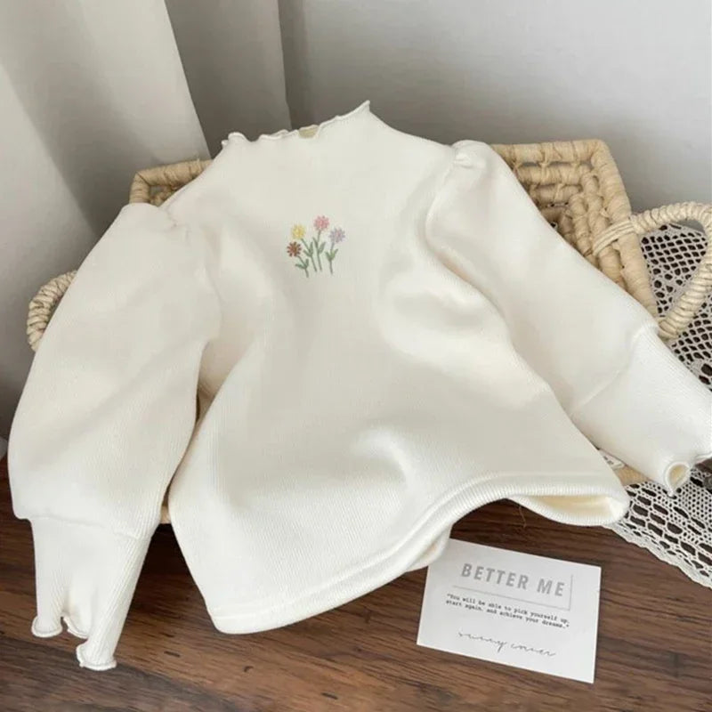 Girls' Long-Sleeved Flower Embroidery Design Winter Sweater