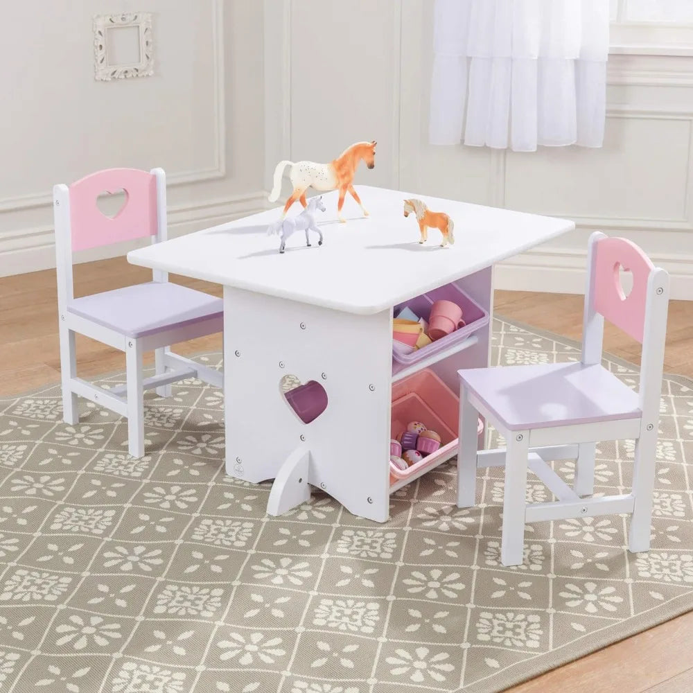Kids Wooden Heart Stool &amp; Table Set with 4Storage Bins