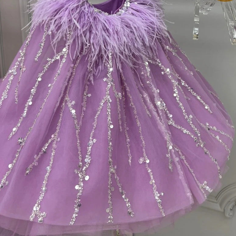 Kids Girls Beading Sequin Ball Gown/Party Dresses with Feather Cape